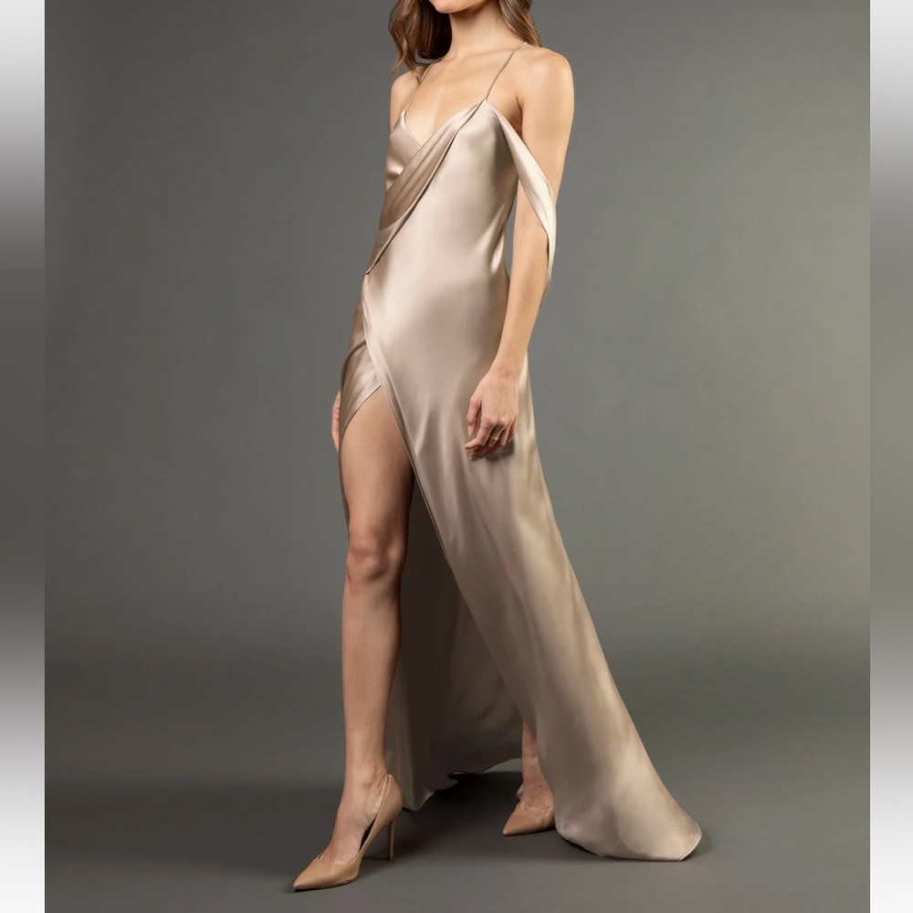 Michelle Mason Strappy Wrap Gown with Cowl - Champagne Dress Size 2